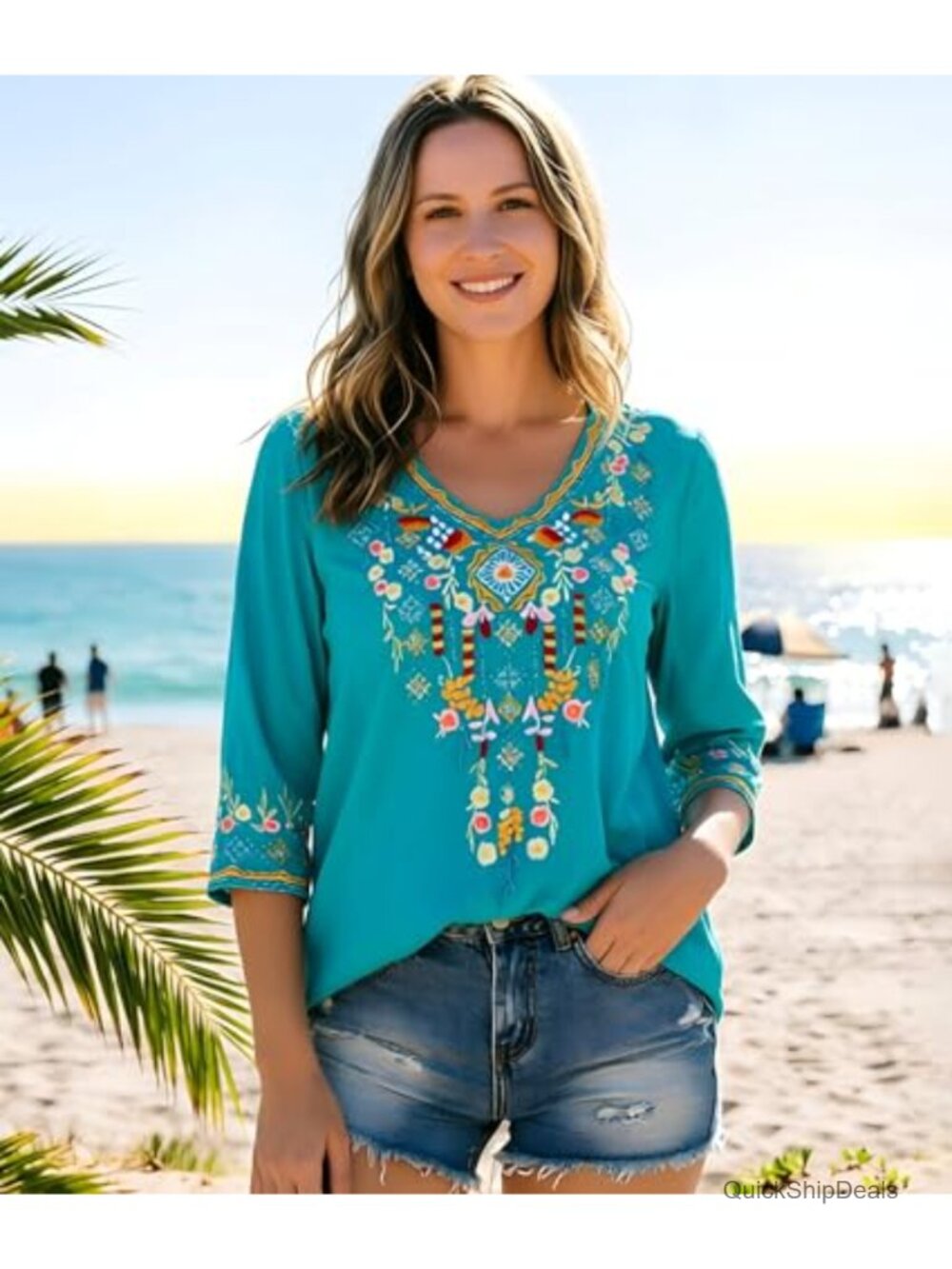 Mexican Embroidered Bohemian Tunic Top V-Neck 3/4 Sleeve Rayon Plus Size - Picture 4 of 6